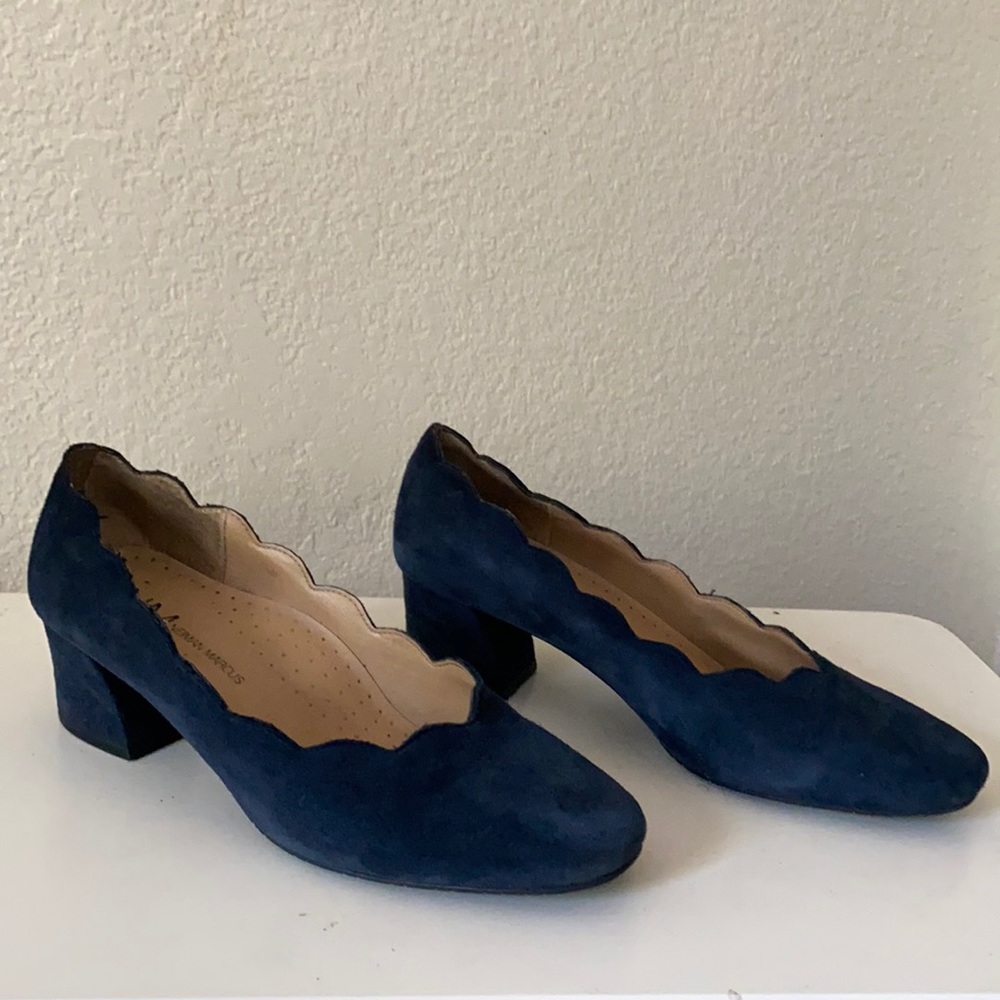 Neiman Marcus Navy Blue Suede Leather Block Heels